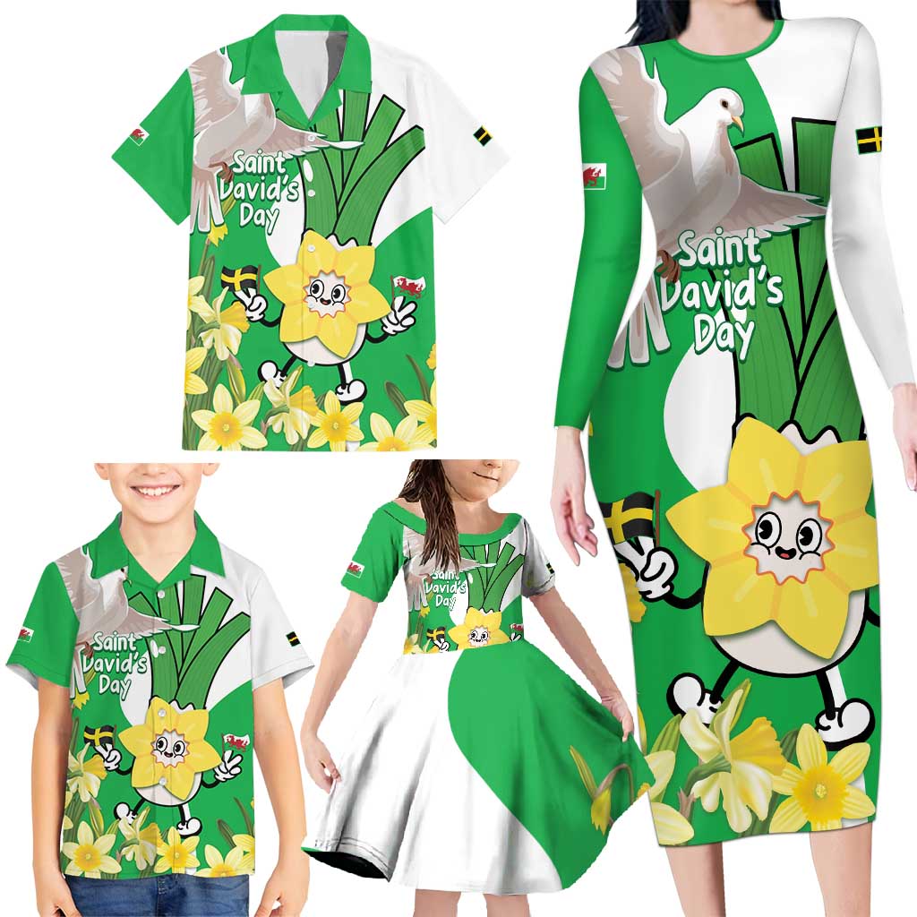 Wales Saint David's Day Family Matching Long Sleeve Bodycon Dress and Hawaiian Shirt Welsh Funny Leek Daffodil