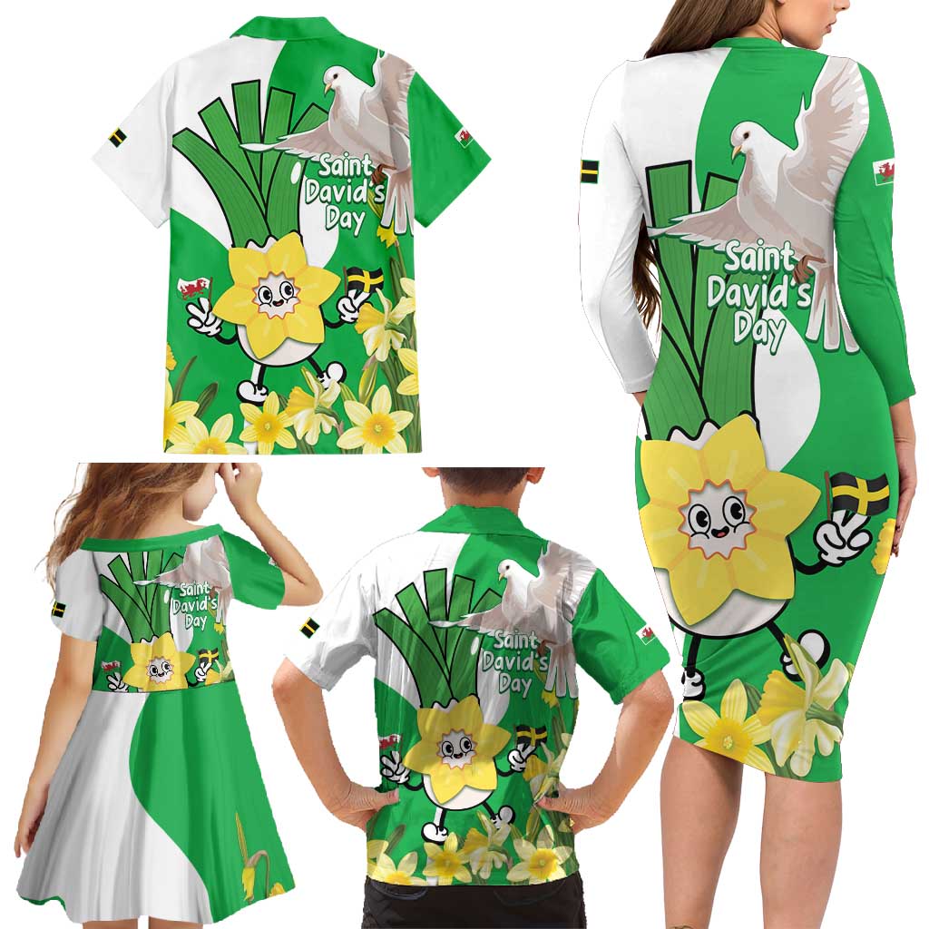 Wales Saint David's Day Family Matching Long Sleeve Bodycon Dress and Hawaiian Shirt Welsh Funny Leek Daffodil