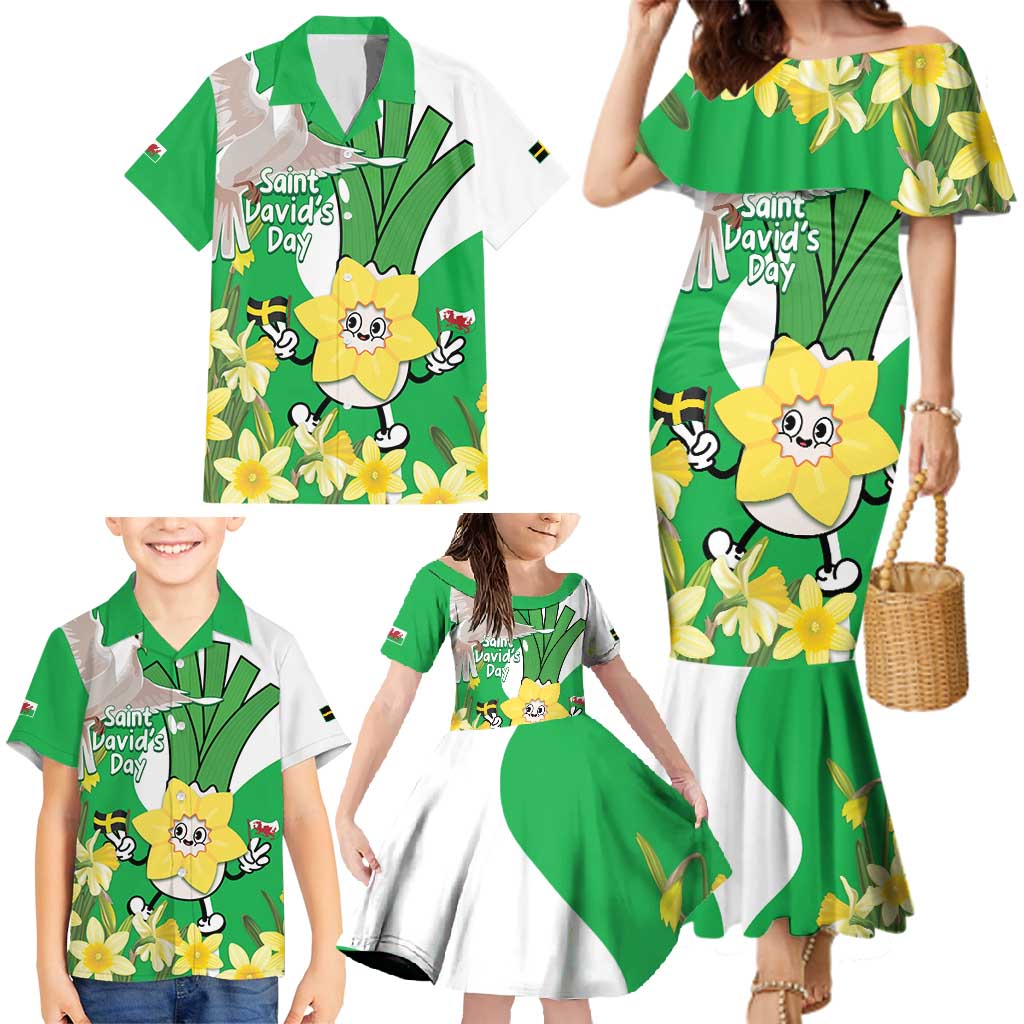 Wales Saint David's Day Family Matching Mermaid Dress and Hawaiian Shirt Welsh Funny Leek Daffodil