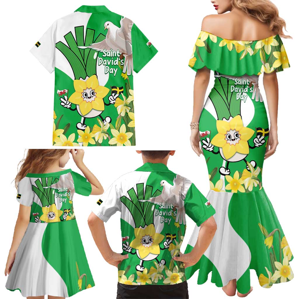 Wales Saint David's Day Family Matching Mermaid Dress and Hawaiian Shirt Welsh Funny Leek Daffodil