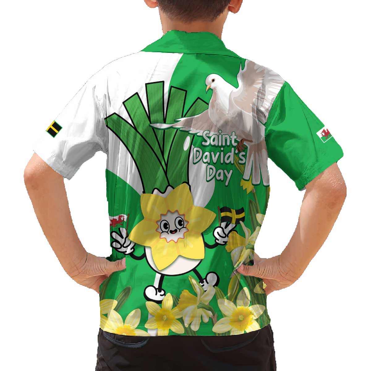 Wales Saint David's Day Family Matching Off The Shoulder Long Sleeve Dress and Hawaiian Shirt Welsh Funny Leek Daffodil