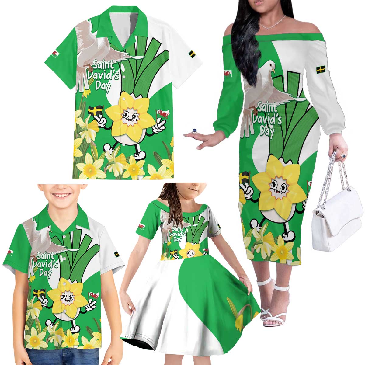 Wales Saint David's Day Family Matching Off The Shoulder Long Sleeve Dress and Hawaiian Shirt Welsh Funny Leek Daffodil