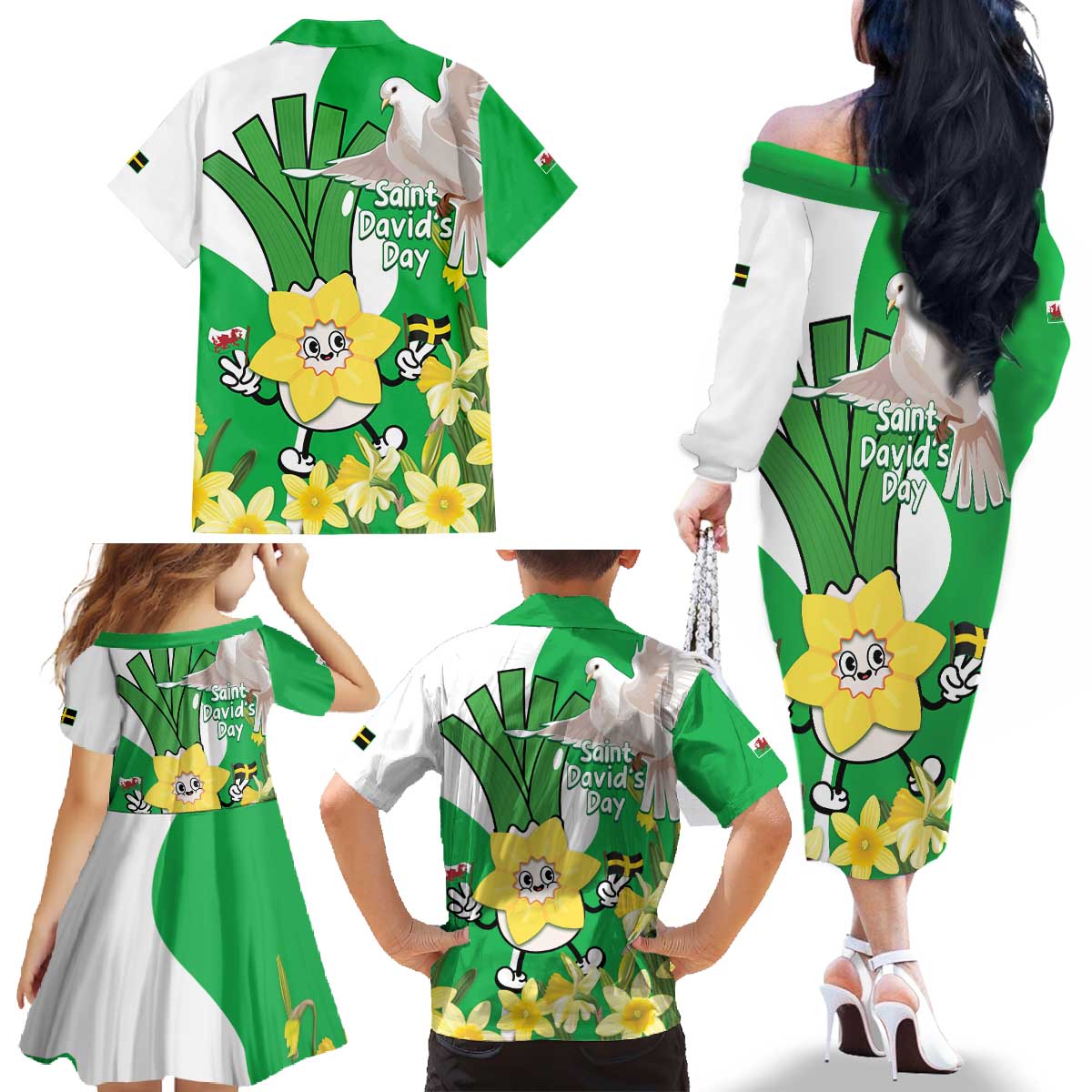 Wales Saint David's Day Family Matching Off The Shoulder Long Sleeve Dress and Hawaiian Shirt Welsh Funny Leek Daffodil