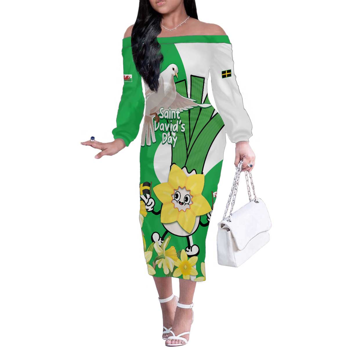 Wales Saint David's Day Family Matching Off The Shoulder Long Sleeve Dress and Hawaiian Shirt Welsh Funny Leek Daffodil