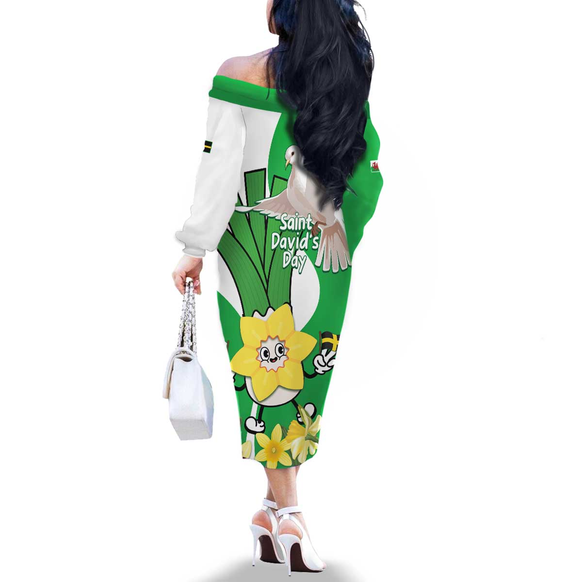 Wales Saint David's Day Family Matching Off The Shoulder Long Sleeve Dress and Hawaiian Shirt Welsh Funny Leek Daffodil
