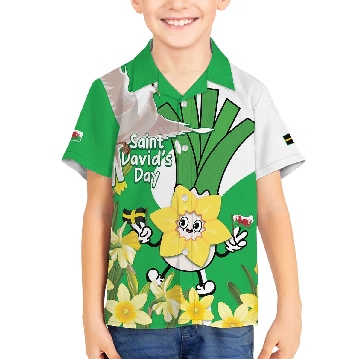 Wales Saint David's Day Family Matching Off The Shoulder Long Sleeve Dress and Hawaiian Shirt Welsh Funny Leek Daffodil
