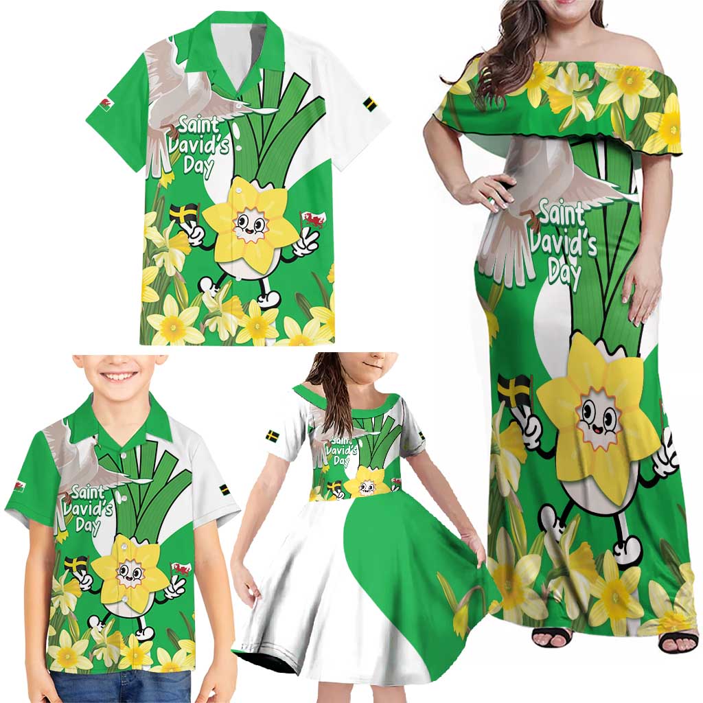 Wales Saint David's Day Family Matching Off Shoulder Maxi Dress and Hawaiian Shirt Welsh Funny Leek Daffodil