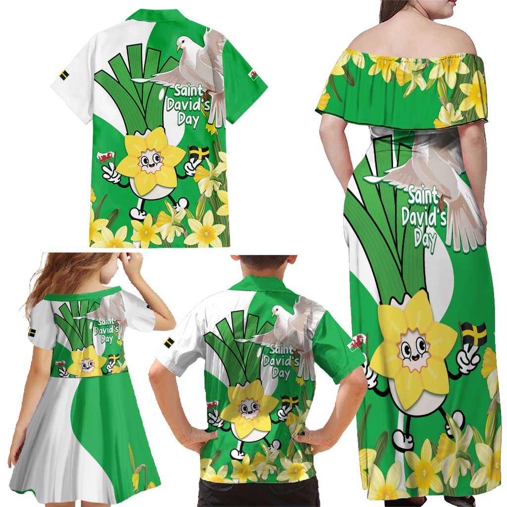 Wales Saint David's Day Family Matching Off Shoulder Maxi Dress and Hawaiian Shirt Welsh Funny Leek Daffodil