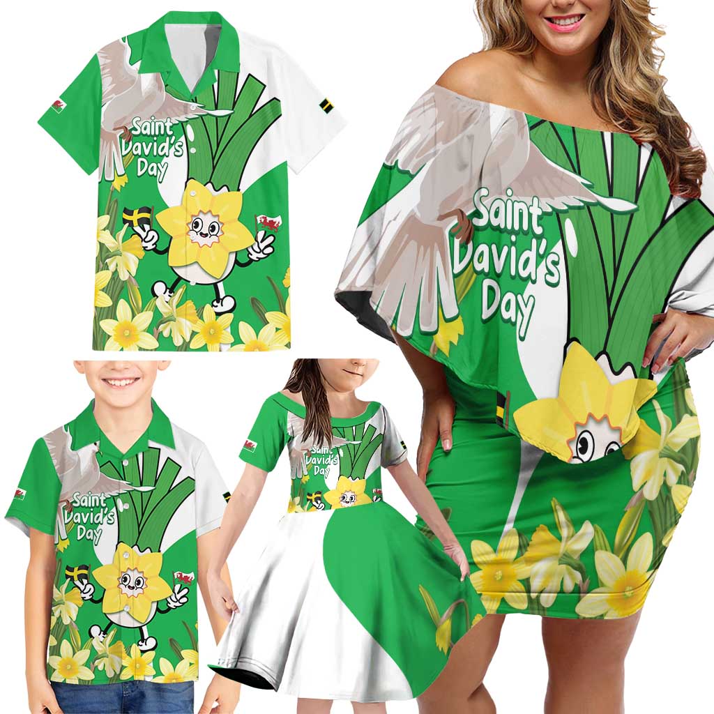 Wales Saint David's Day Family Matching Off Shoulder Short Dress and Hawaiian Shirt Welsh Funny Leek Daffodil