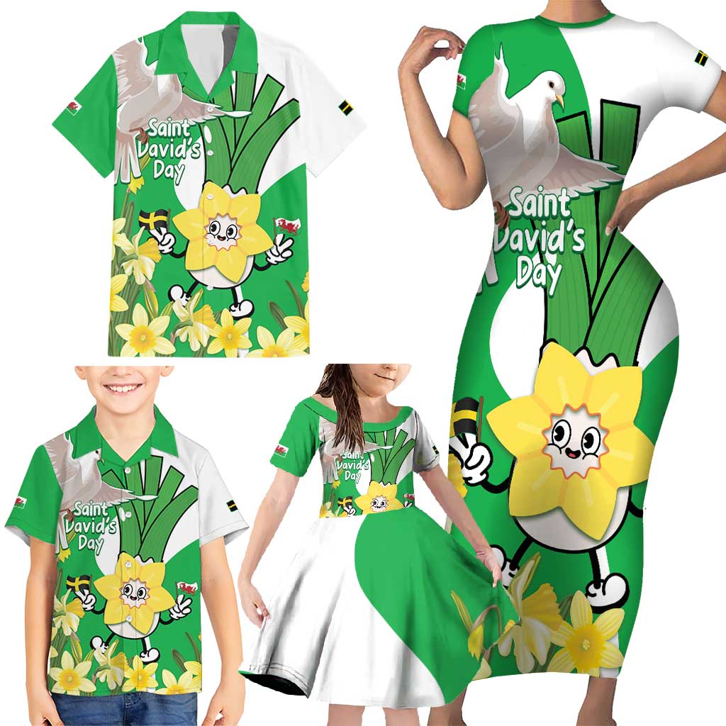 Wales Saint David's Day Family Matching Short Sleeve Bodycon Dress and Hawaiian Shirt Welsh Funny Leek Daffodil