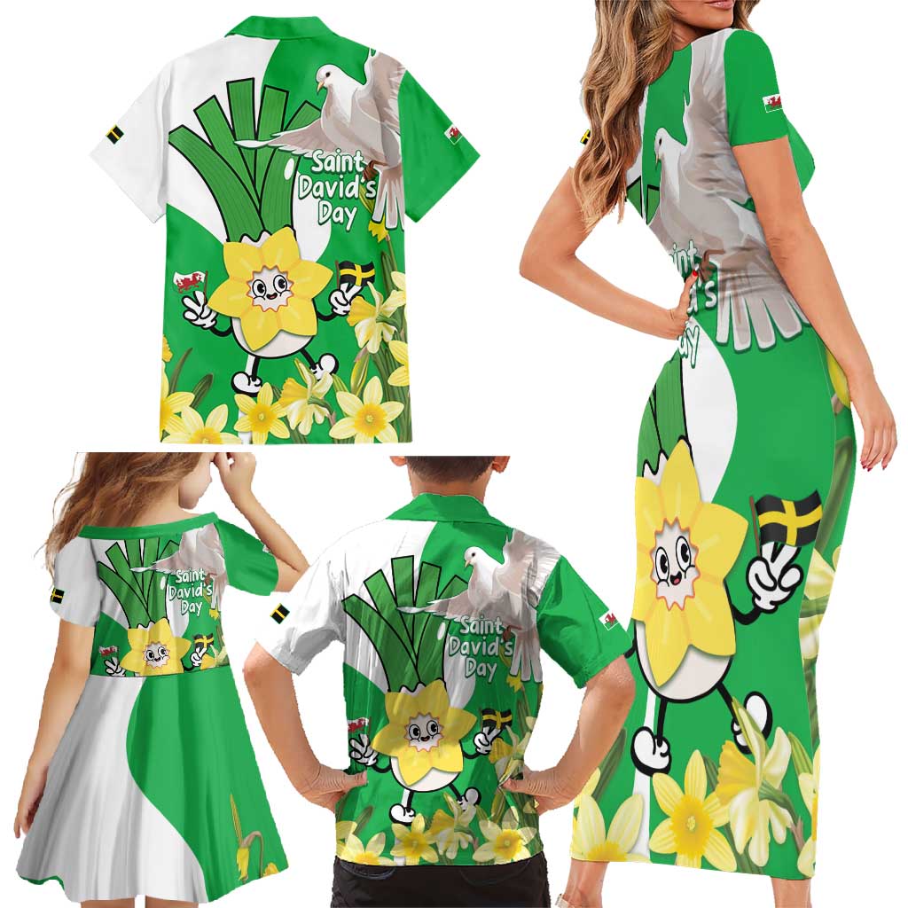 Wales Saint David's Day Family Matching Short Sleeve Bodycon Dress and Hawaiian Shirt Welsh Funny Leek Daffodil