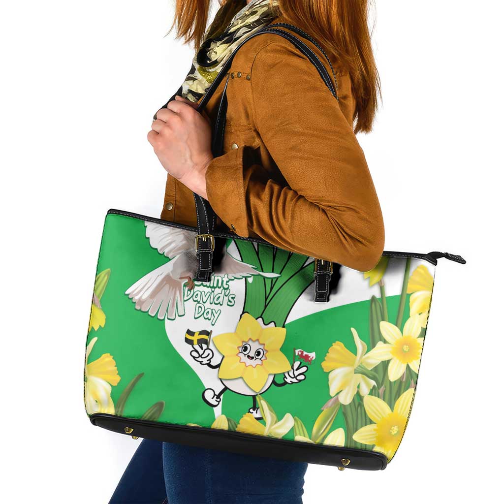Wales Saint David's Day Leather Tote Bag Welsh Funny Leek Daffodil