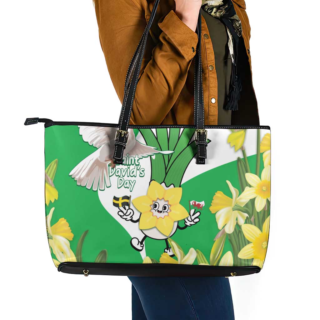 Wales Saint David's Day Leather Tote Bag Welsh Funny Leek Daffodil
