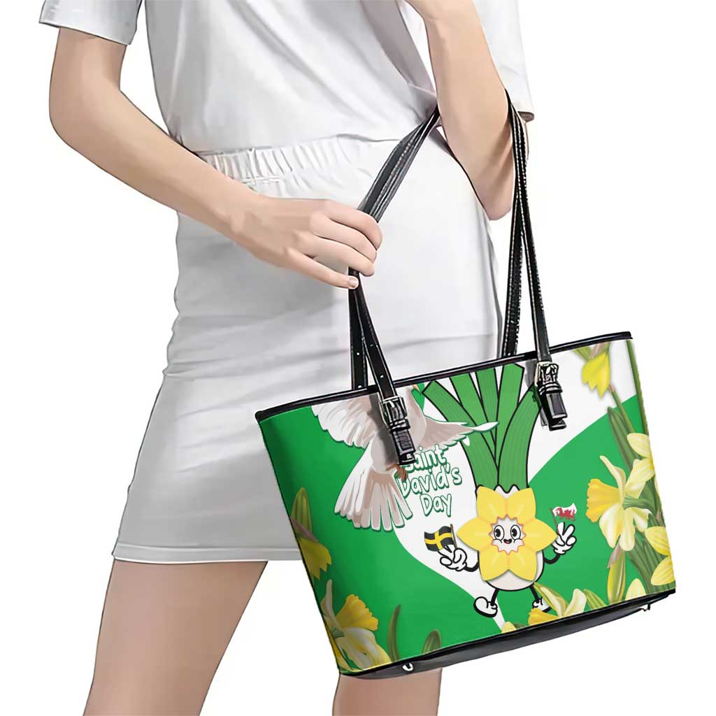 Wales Saint David's Day Leather Tote Bag Welsh Funny Leek Daffodil
