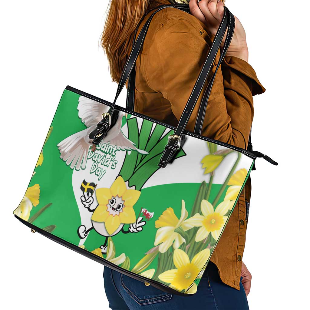 Wales Saint David's Day Leather Tote Bag Welsh Funny Leek Daffodil