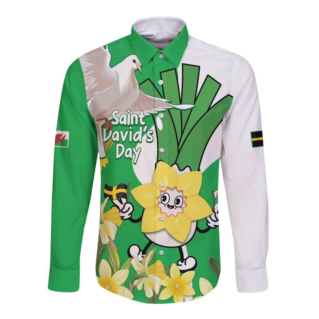 Wales Saint David's Day Long Sleeve Button Shirt Welsh Funny Leek Daffodil