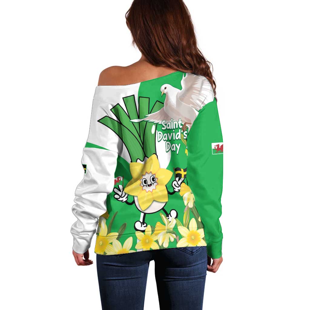 Wales Saint David's Day Off Shoulder Sweater Welsh Funny Leek Daffodil