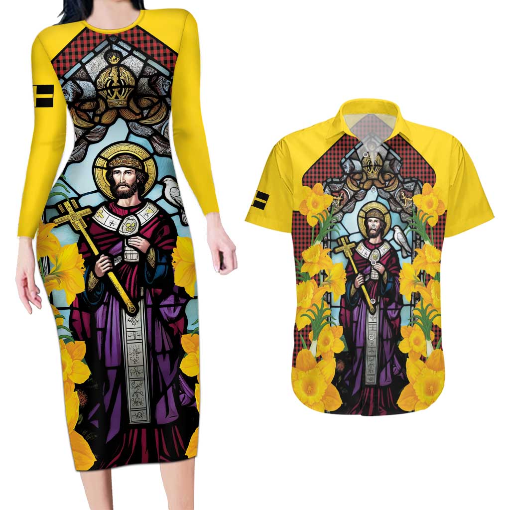 Welsh Dewi Sant Couples Matching Long Sleeve Bodycon Dress and Hawaiian Shirt Saint David With Daffodil