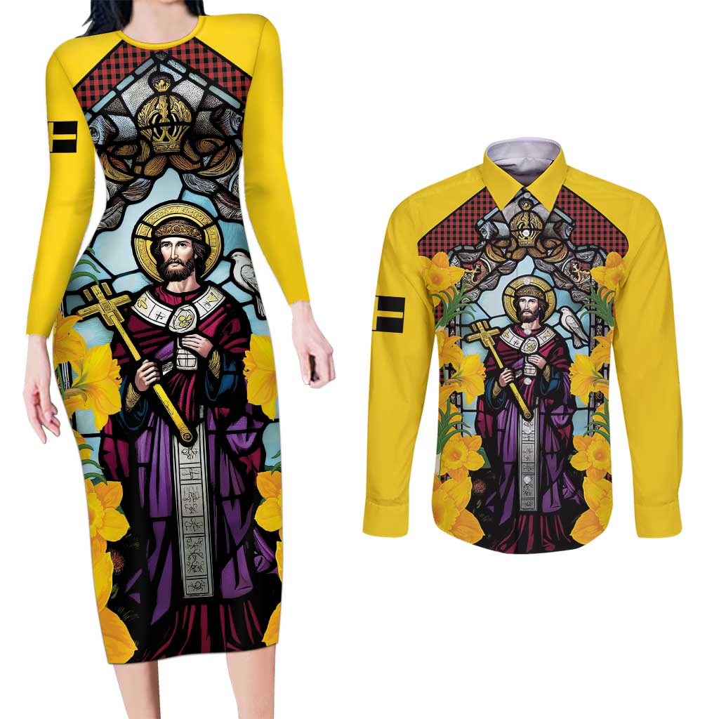 Welsh Dewi Sant Couples Matching Long Sleeve Bodycon Dress and Long Sleeve Button Shirt Saint David With Daffodil