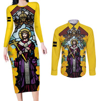 Welsh Dewi Sant Couples Matching Long Sleeve Bodycon Dress and Long Sleeve Button Shirt Saint David With Daffodil