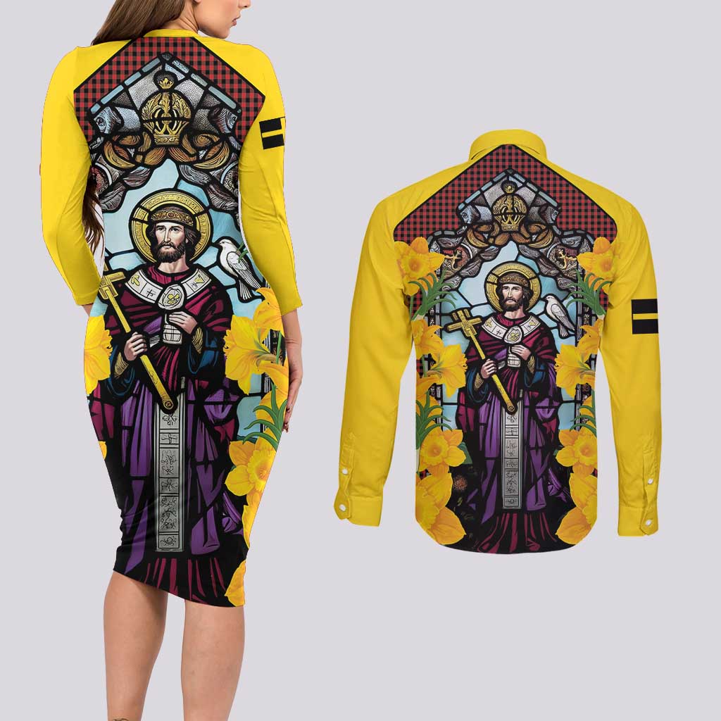 Welsh Dewi Sant Couples Matching Long Sleeve Bodycon Dress and Long Sleeve Button Shirt Saint David With Daffodil