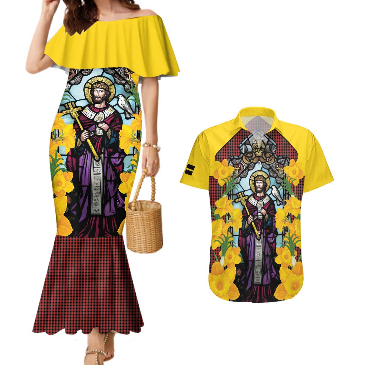 Welsh Dewi Sant Couples Matching Mermaid Dress and Hawaiian Shirt Saint David With Daffodil