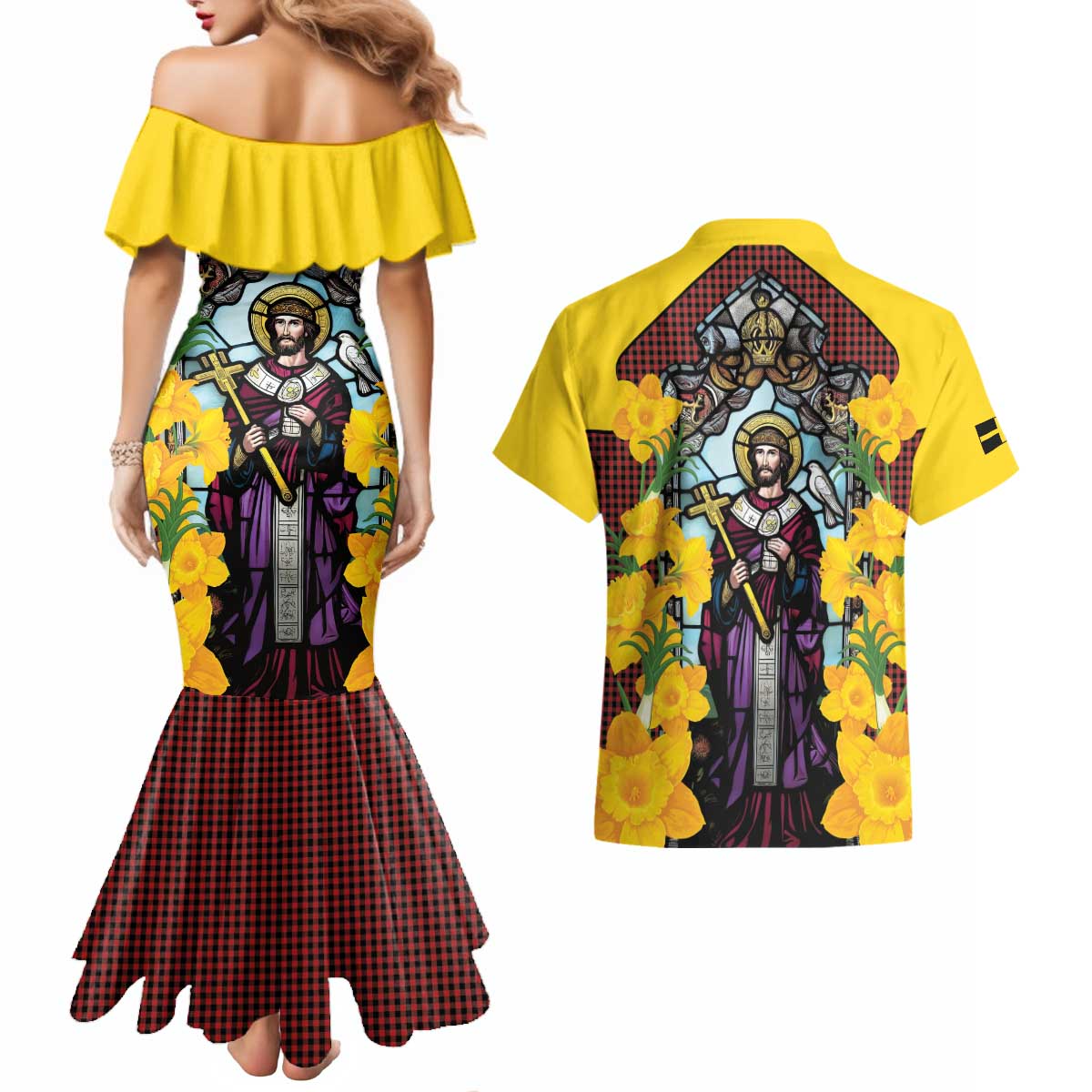 Welsh Dewi Sant Couples Matching Mermaid Dress and Hawaiian Shirt Saint David With Daffodil