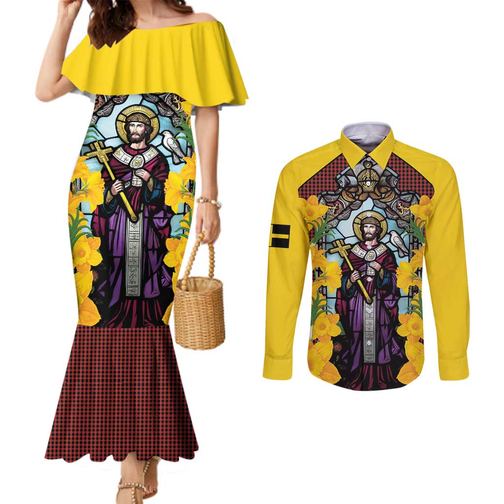 Welsh Dewi Sant Couples Matching Mermaid Dress and Long Sleeve Button Shirt Saint David With Daffodil