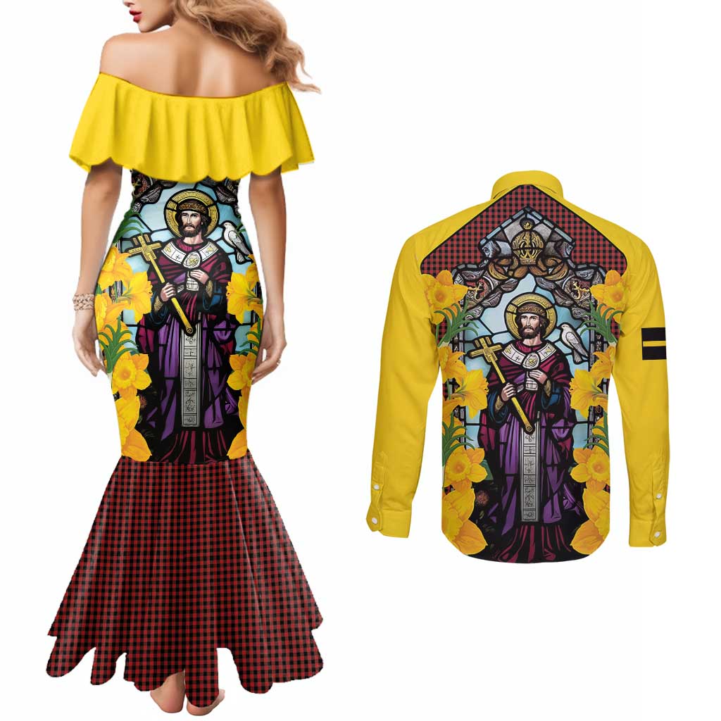 Welsh Dewi Sant Couples Matching Mermaid Dress and Long Sleeve Button Shirt Saint David With Daffodil