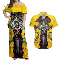 Welsh Dewi Sant Couples Matching Off Shoulder Maxi Dress and Hawaiian Shirt Saint David With Daffodil
