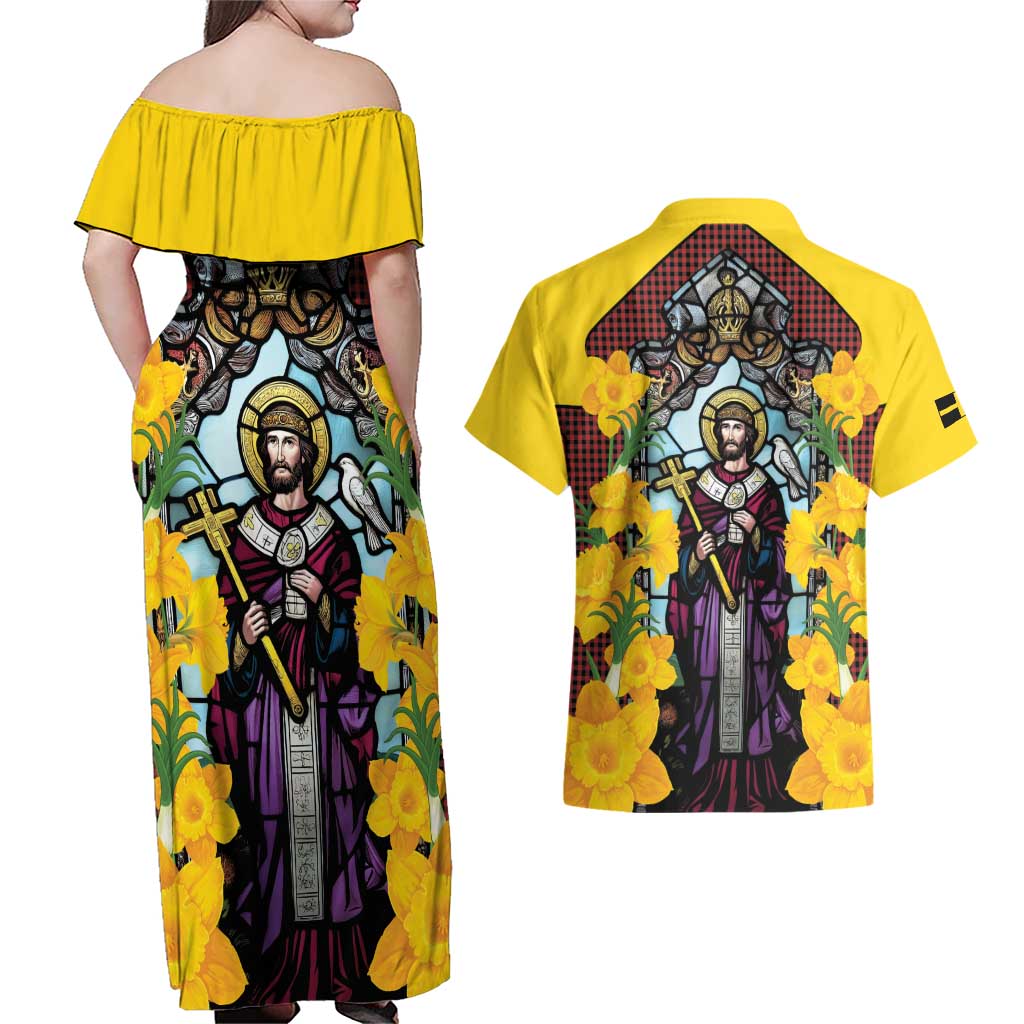 Welsh Dewi Sant Couples Matching Off Shoulder Maxi Dress and Hawaiian Shirt Saint David With Daffodil