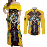 Welsh Dewi Sant Couples Matching Off Shoulder Maxi Dress and Long Sleeve Button Shirt Saint David With Daffodil