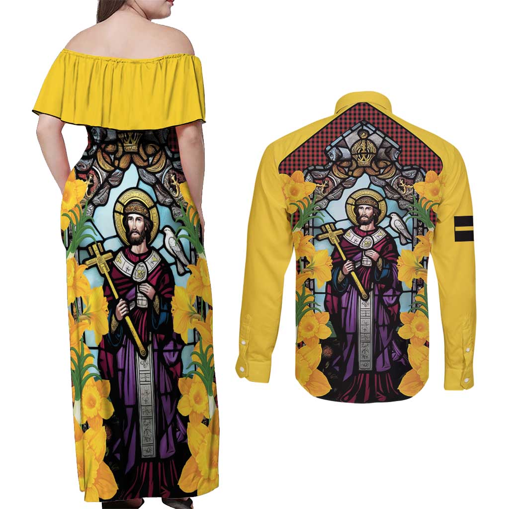 Welsh Dewi Sant Couples Matching Off Shoulder Maxi Dress and Long Sleeve Button Shirt Saint David With Daffodil
