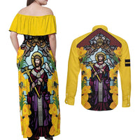 Welsh Dewi Sant Couples Matching Off Shoulder Maxi Dress and Long Sleeve Button Shirt Saint David With Daffodil