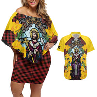 Welsh Dewi Sant Couples Matching Off Shoulder Short Dress and Hawaiian Shirt Saint David With Daffodil