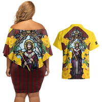 Welsh Dewi Sant Couples Matching Off Shoulder Short Dress and Hawaiian Shirt Saint David With Daffodil