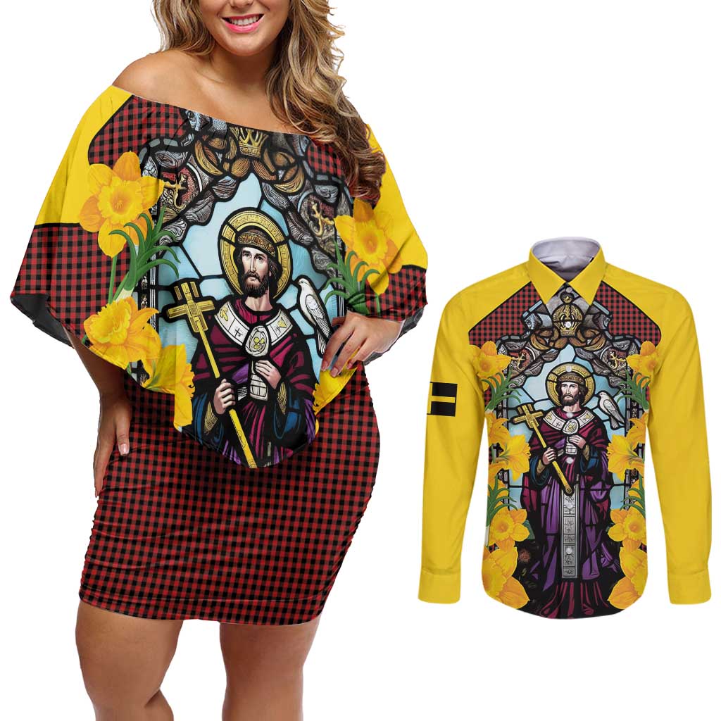Welsh Dewi Sant Couples Matching Off Shoulder Short Dress and Long Sleeve Button Shirt Saint David With Daffodil
