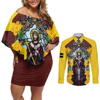Welsh Dewi Sant Couples Matching Off Shoulder Short Dress and Long Sleeve Button Shirt Saint David With Daffodil