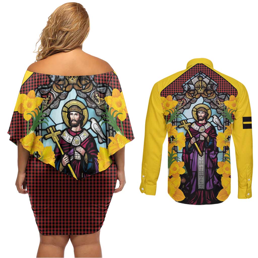 Welsh Dewi Sant Couples Matching Off Shoulder Short Dress and Long Sleeve Button Shirt Saint David With Daffodil