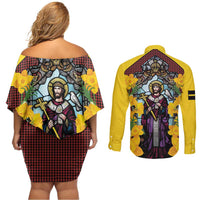 Welsh Dewi Sant Couples Matching Off Shoulder Short Dress and Long Sleeve Button Shirt Saint David With Daffodil