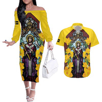 Welsh Dewi Sant Couples Matching Off The Shoulder Long Sleeve Dress and Hawaiian Shirt Saint David With Daffodil