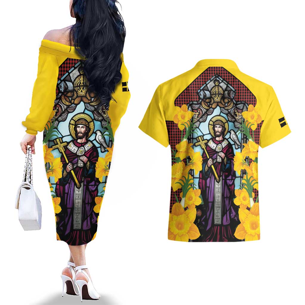 Welsh Dewi Sant Couples Matching Off The Shoulder Long Sleeve Dress and Hawaiian Shirt Saint David With Daffodil
