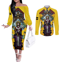 Welsh Dewi Sant Couples Matching Off The Shoulder Long Sleeve Dress and Long Sleeve Button Shirt Saint David With Daffodil