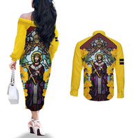 Welsh Dewi Sant Couples Matching Off The Shoulder Long Sleeve Dress and Long Sleeve Button Shirt Saint David With Daffodil