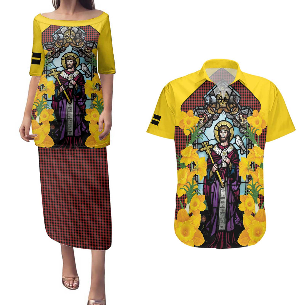 Welsh Dewi Sant Couples Matching Puletasi and Hawaiian Shirt Saint David With Daffodil