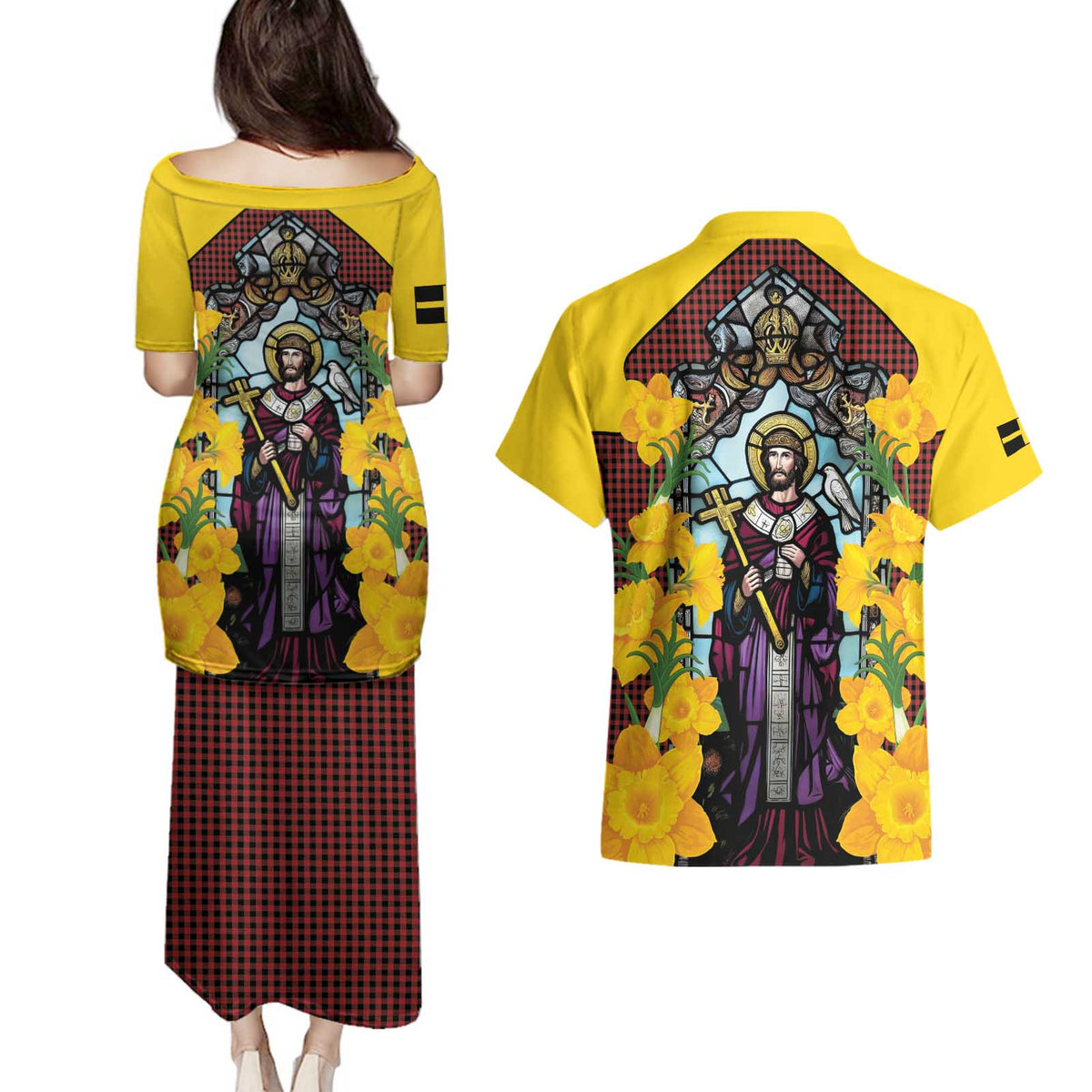 Welsh Dewi Sant Couples Matching Puletasi and Hawaiian Shirt Saint David With Daffodil