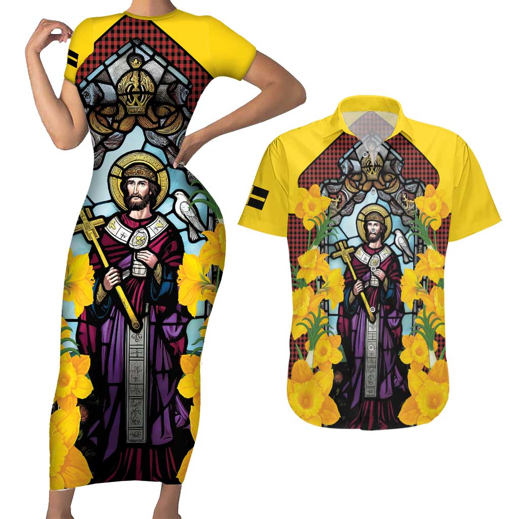 Welsh Dewi Sant Couples Matching Short Sleeve Bodycon Dress and Hawaiian Shirt Saint David With Daffodil