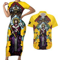 Welsh Dewi Sant Couples Matching Short Sleeve Bodycon Dress and Hawaiian Shirt Saint David With Daffodil