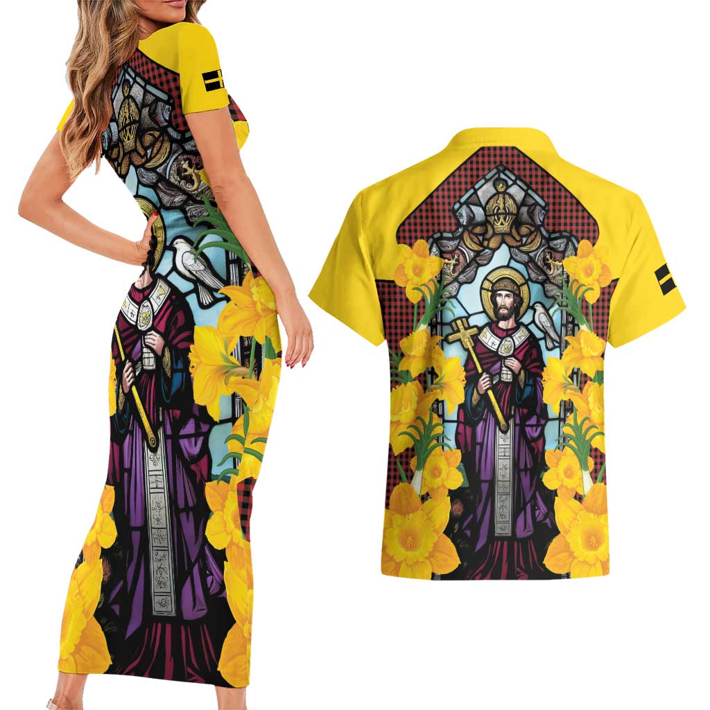 Welsh Dewi Sant Couples Matching Short Sleeve Bodycon Dress and Hawaiian Shirt Saint David With Daffodil