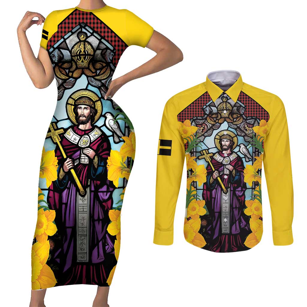 Welsh Dewi Sant Couples Matching Short Sleeve Bodycon Dress and Long Sleeve Button Shirt Saint David With Daffodil